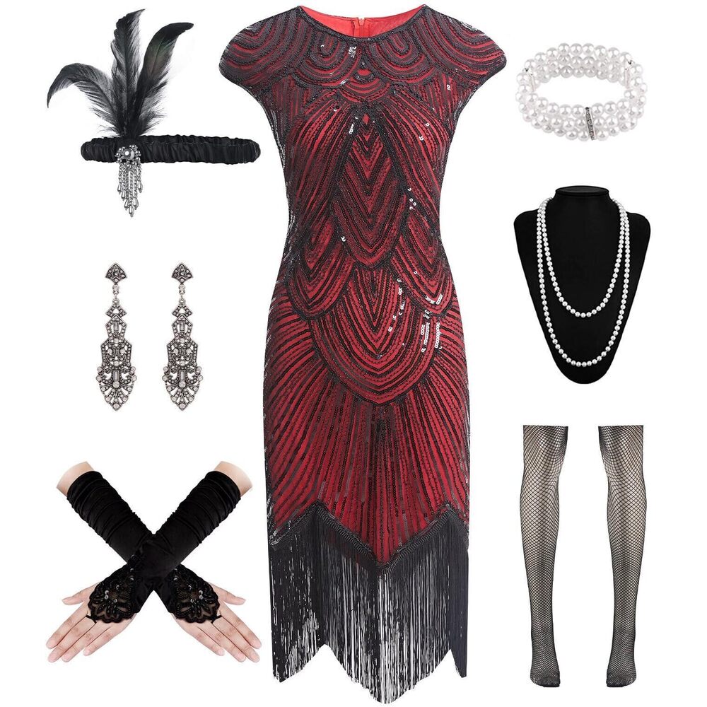 9897 1920s Flapper Dresses Sequin Dresses Vintage Lace Fringed